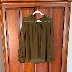 Pink Lily Olive Green Swiss Dot Peasant Blouse